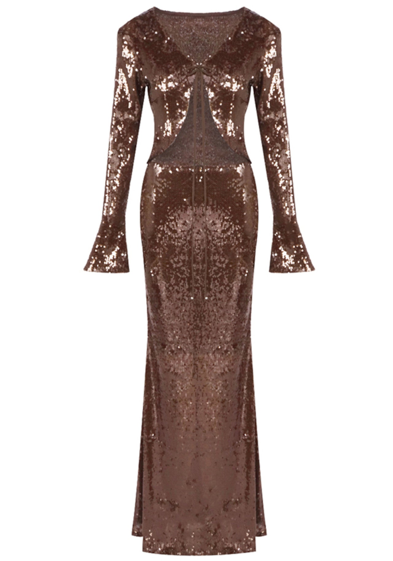 Bronze Sequin Two-Piece Set – Deep Plunge & Flared Skirt