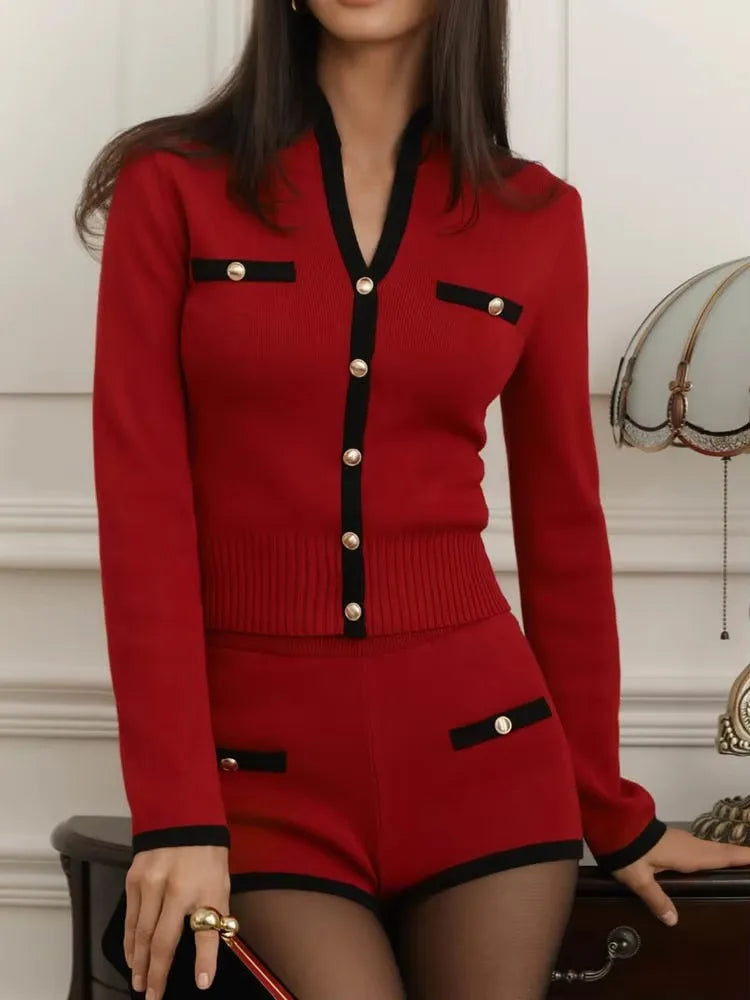Chic Knit Button-Up Short Set – Available in Red, Ivory, and Black
