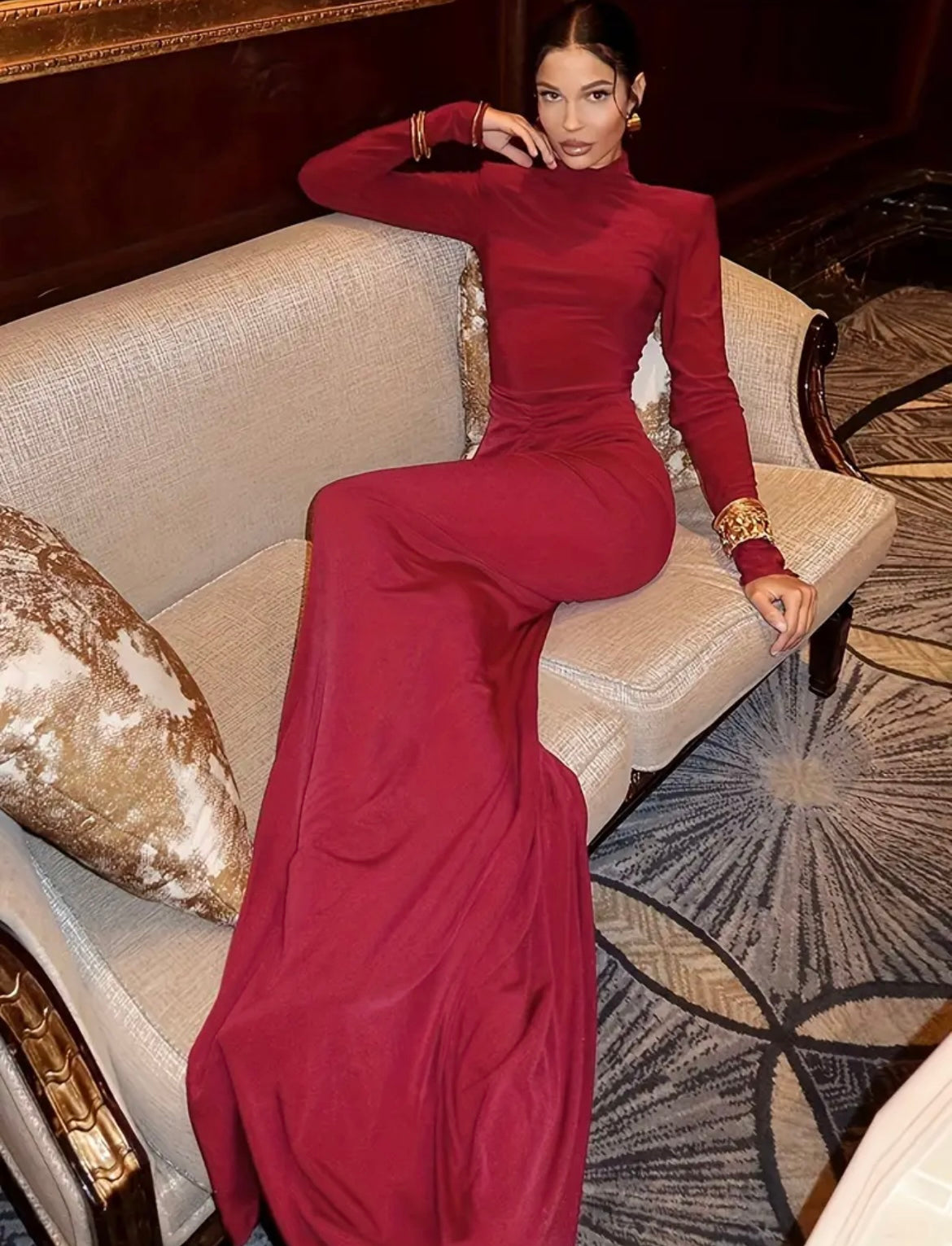 Burgundy High Neck Long Sleeve Ruched Maxi Gown