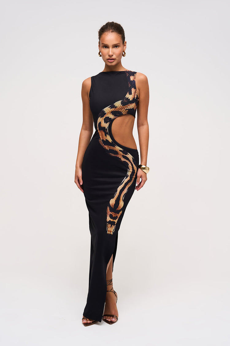 Black Snake Print Cutout Maxi Dress – Bold & Sexy Evening Wear
