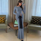 Elegant Long Sleeve Evening Gown with Black Bow Detail – Peach Motel