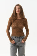 Brown Sheer Lace Long Sleeve Top – Chic See-Through Mesh Blouse