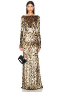 Velvet Leopard Print Maxi Dress | Long Sleeve Boat Neck Gown