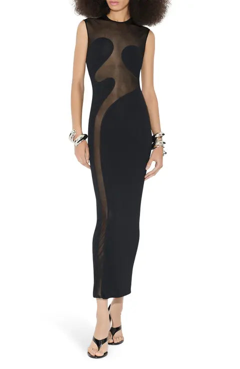 Peach Motel – Sheer Illusion Wave Midi Dress in Black