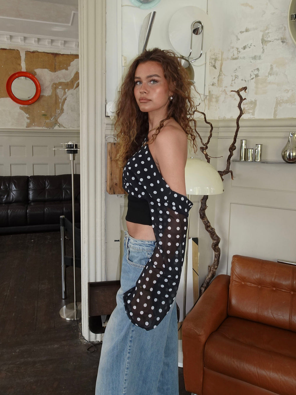 Polka Dot One-Shoulder Mesh Blouse – Chic Asymmetrical Statement Top | Peach Motel