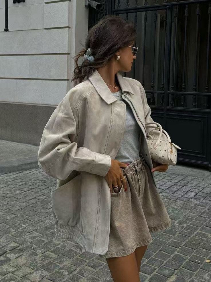 Oversized Taupe Leather Jacket – Peach Motel