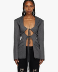 Women’s Gray Tie-Front Cropped Blazer with Cut-Out Detail – Modern 2025 Power Dressing