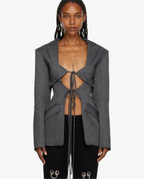 Women’s Gray Tie-Front Cropped Blazer with Cut-Out Detail – Modern 2025 Power Dressing