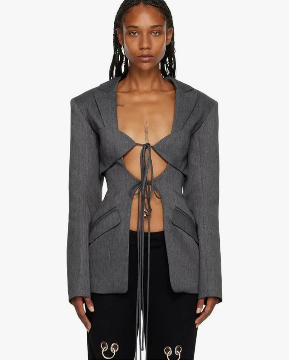 Women’s Gray Tie-Front Cropped Blazer with Cut-Out Detail – Modern 2025 Power Dressing