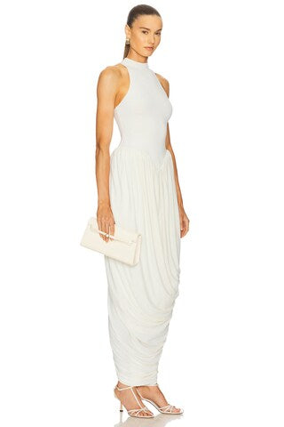 White High-Neck Ruched Maxi Dress