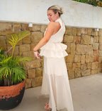 Ivory Halter Ruffle Maxi Dress – Sheer Chiffon Skirt & Peplum Waist