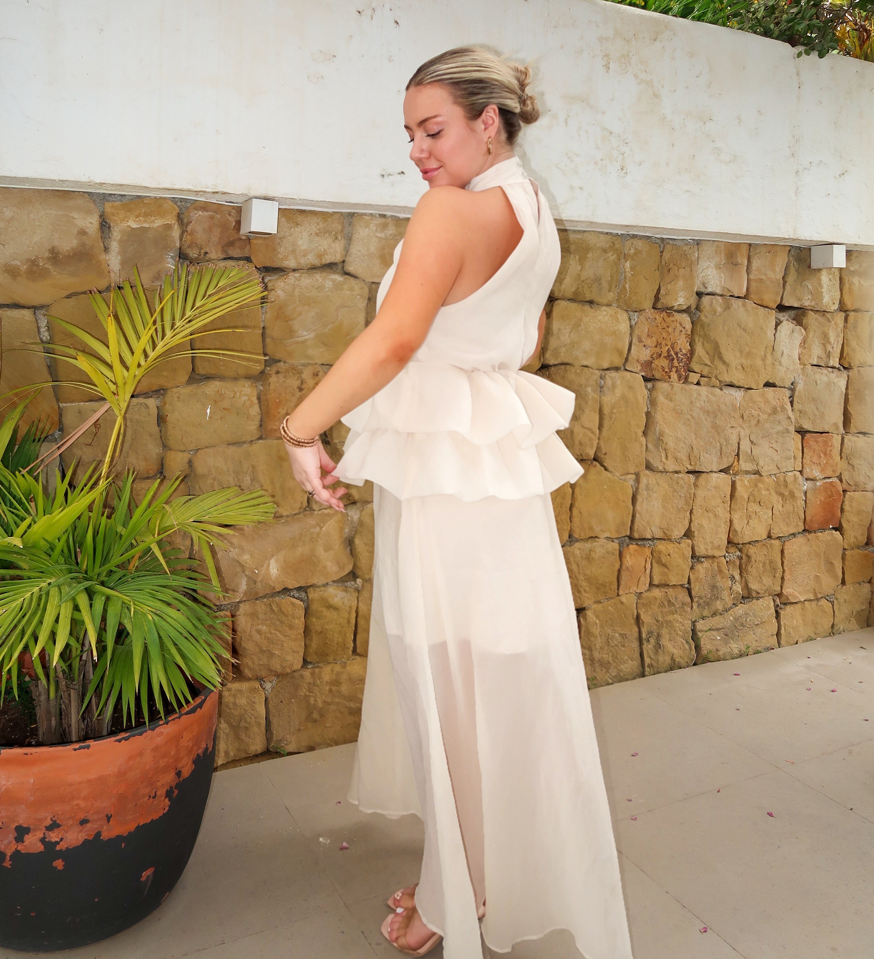 Ivory Halter Ruffle Maxi Dress – Sheer Chiffon Skirt & Peplum Waist