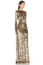 Velvet Leopard Print Maxi Dress | Long Sleeve Boat Neck Gown