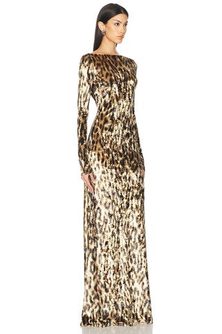 Velvet Leopard Print Maxi Dress | Long Sleeve Boat Neck Gown