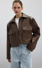 Cropped Brown Leather Jacket with Utility Pockets | Peach Motel