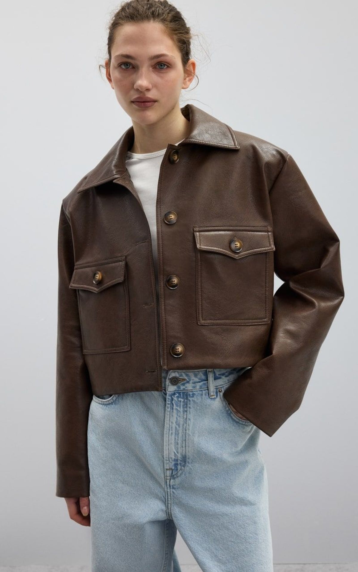 Cropped Brown Leather Jacket with Utility Pockets | Peach Motel