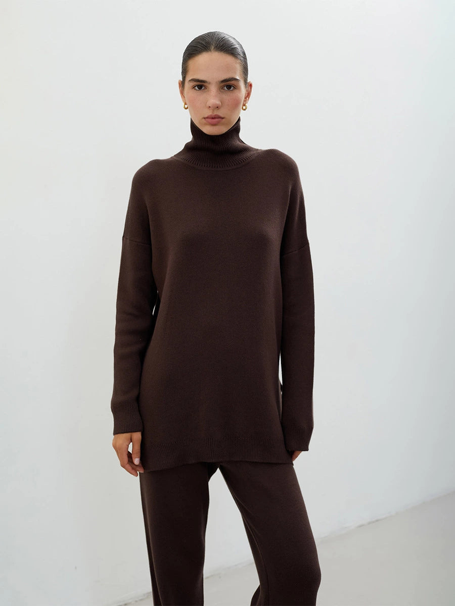 Cozy Knit Turtleneck Lounge Set – Available in Brown, Black, and White