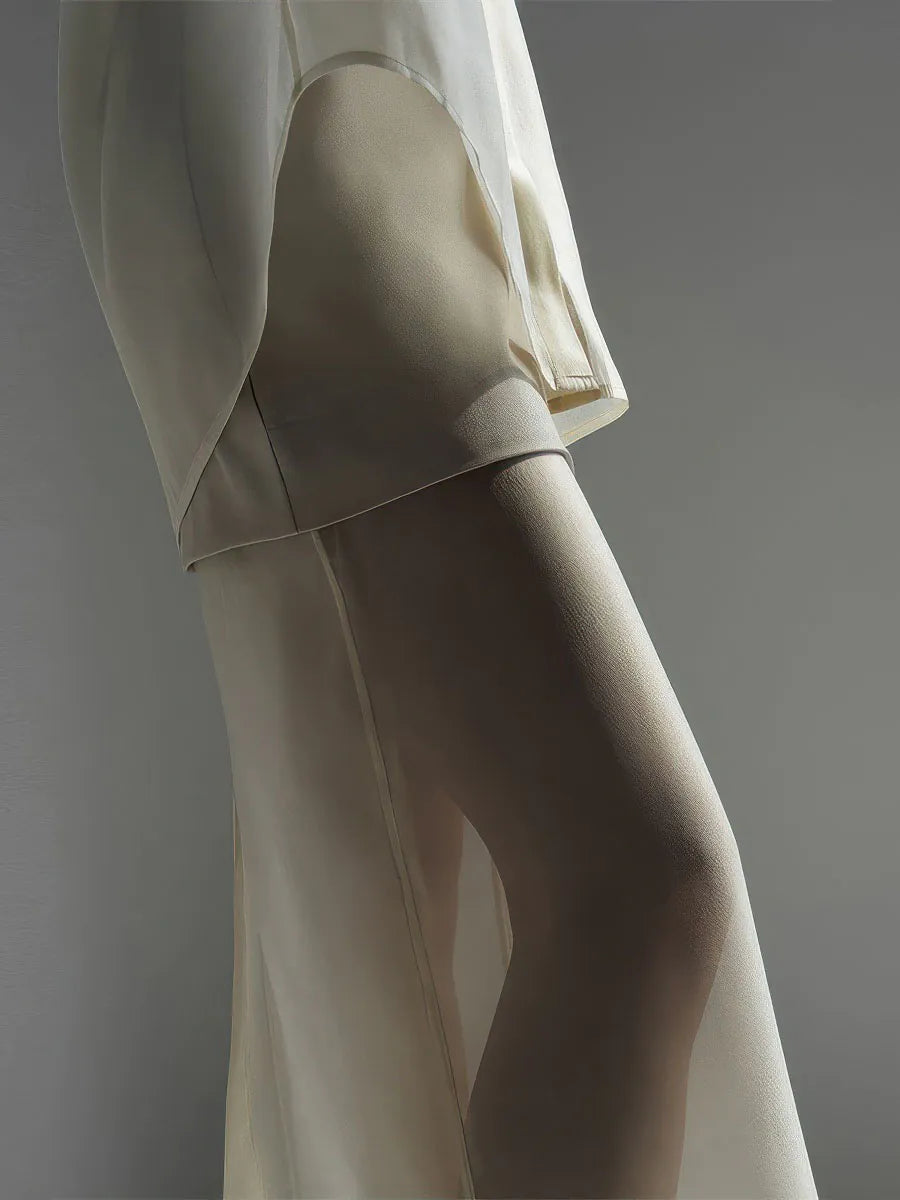 Ethereal Sheer Silk Set – Luxe Cream Shirt & Midi Skirt