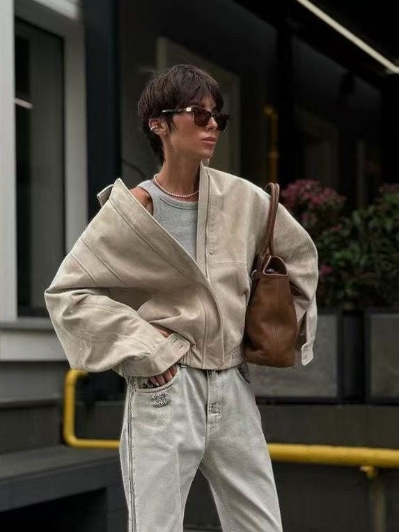 Oversized Taupe Leather Jacket – Peach Motel