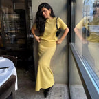 Lemon Knit Maxi Skirt & Top Co-Ord Set – Short Sleeve Sweater & Bodycon Skirt