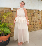 Ivory Halter Ruffle Maxi Dress – Sheer Chiffon Skirt & Peplum Waist