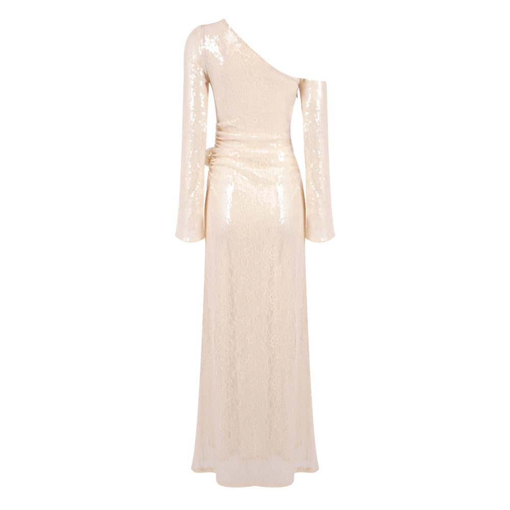 Champagne Sequin One-Shoulder Gown – Peach Motel Luxe Evening Dress