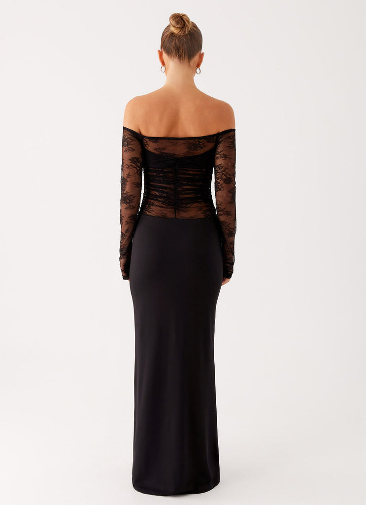 Black Off-Shoulder Lace Panel Evening Gown – Peach Motel