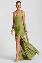 Green Off-Shoulder Mesh Ruched Maxi Dress with High Slit – Peach Motel