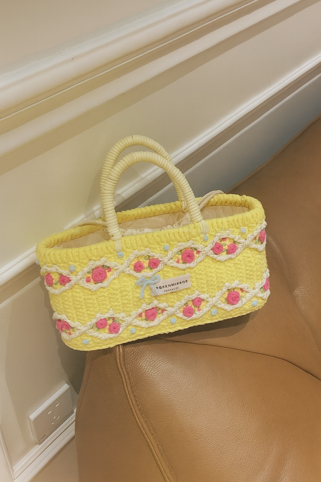 Yellow Woven Tote Bag with Pink Floral Embroidery – Peach Motel Accessories