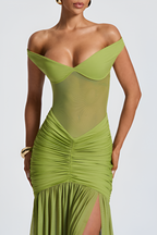 Green Off-Shoulder Mesh Ruched Maxi Dress with High Slit – Peach Motel