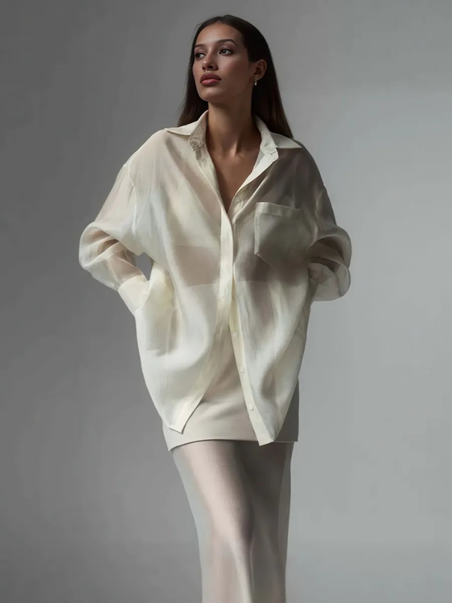 Ethereal Sheer Silk Set – Luxe Cream Shirt & Midi Skirt