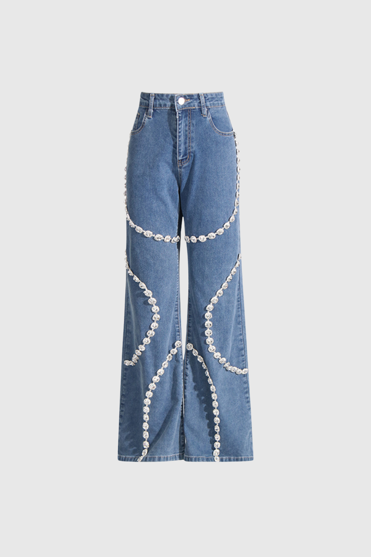 Peach Motel Crystal Wave High-Waist Flare Jeans – Statement Rhinestone Embellished Denim