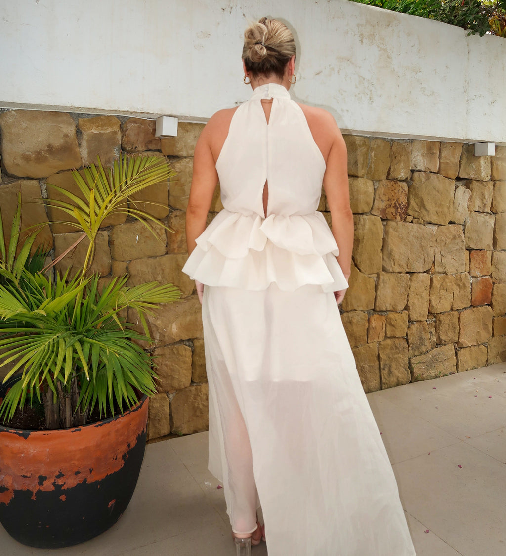 Ivory Halter Ruffle Maxi Dress – Sheer Chiffon Skirt & Peplum Waist