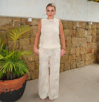Ivory Embroidered Two Piece Set – Sleeveless Top & Wide Leg Pants Matching Set