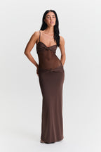 Chocolate Mesh Knot Detail Maxi Dress – Elegant Sheer Evening Gown