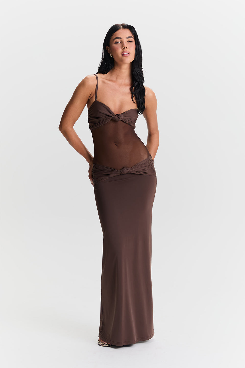 Chocolate Mesh Knot Detail Maxi Dress – Elegant Sheer Evening Gown