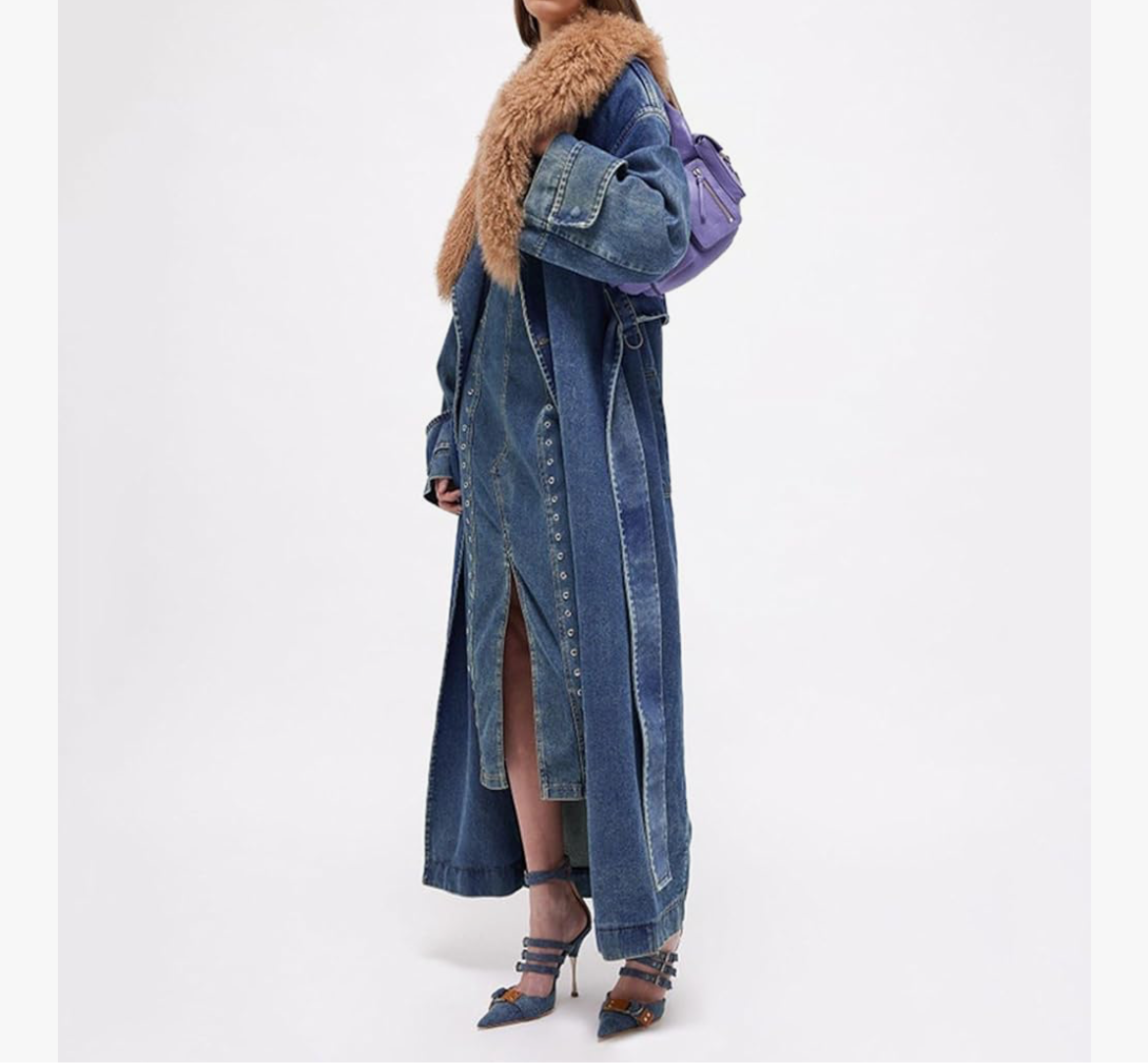 Women’s Long Denim Coat with Oversized Faux Fur Collar – Luxe 2025 Outerwear