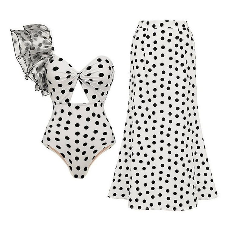 Polka Dot One-Shoulder Swimsuit & Matching Skirt Set – Retro Chic Resort Wear