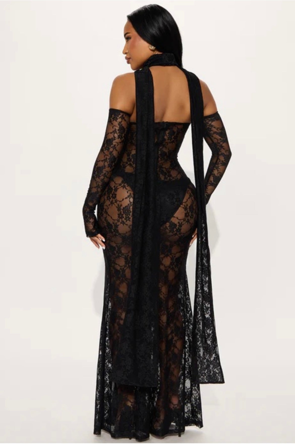 Black Lace Cutout Maxi Dress – Long Sleeve Sheer Gown