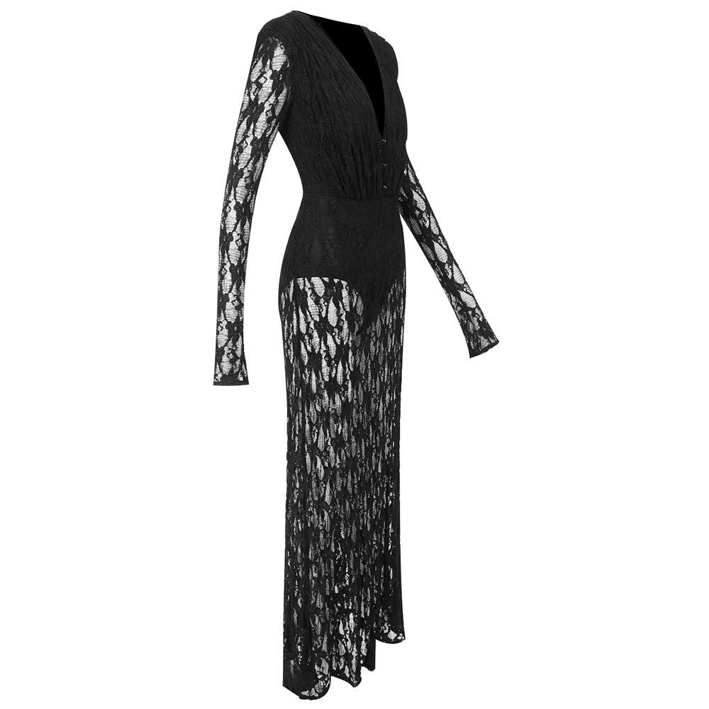 Black Lace Plunge Maxi Dress | Sheer Long Sleeve Evening Dress
