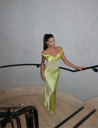 Lime Green Satin Corset Gown with Mesh Waist Panel – Peach Motel