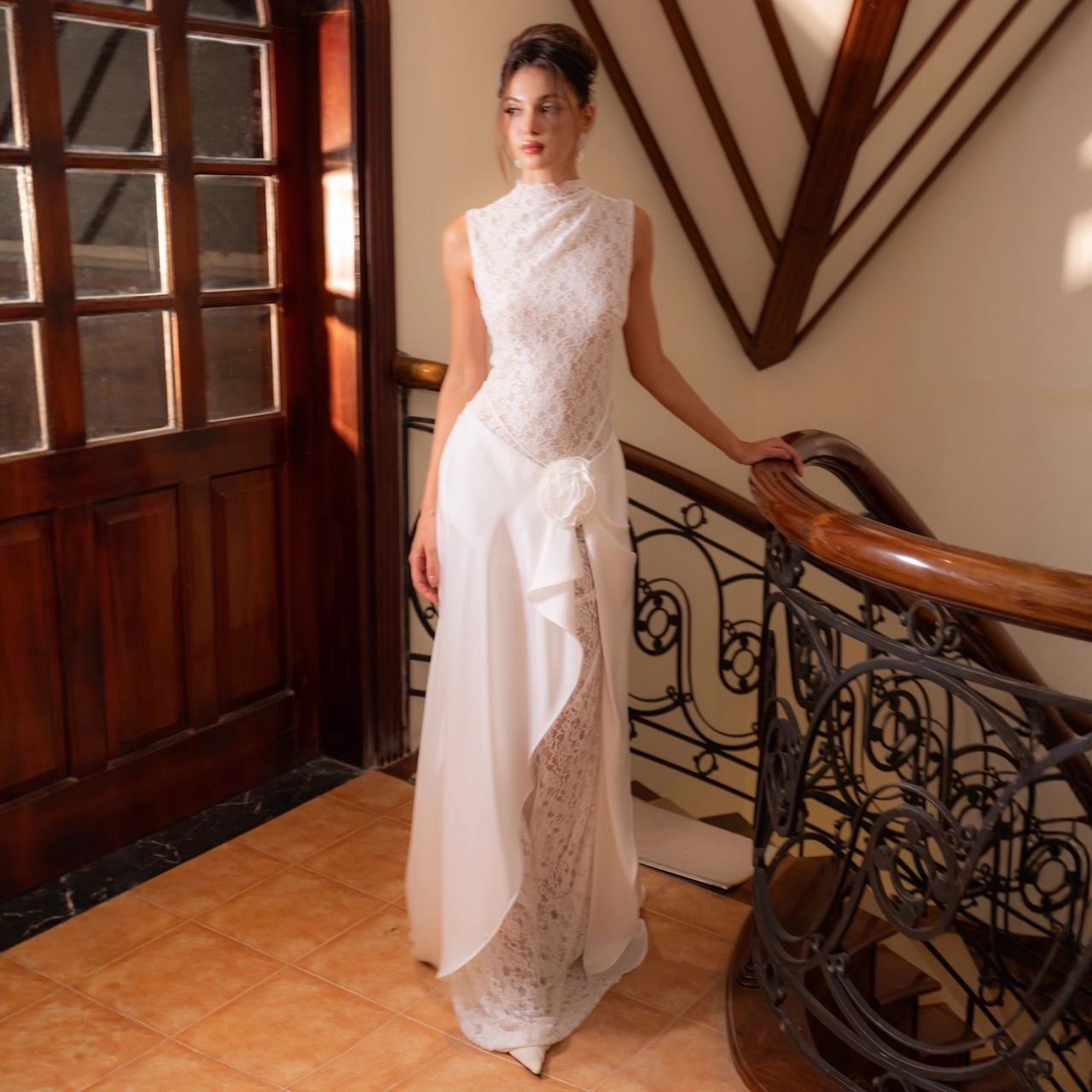 Ivory Lace Maxi Dress with Draped Overlay