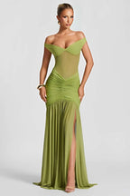 Green Off-Shoulder Mesh Ruched Maxi Dress with High Slit – Peach Motel