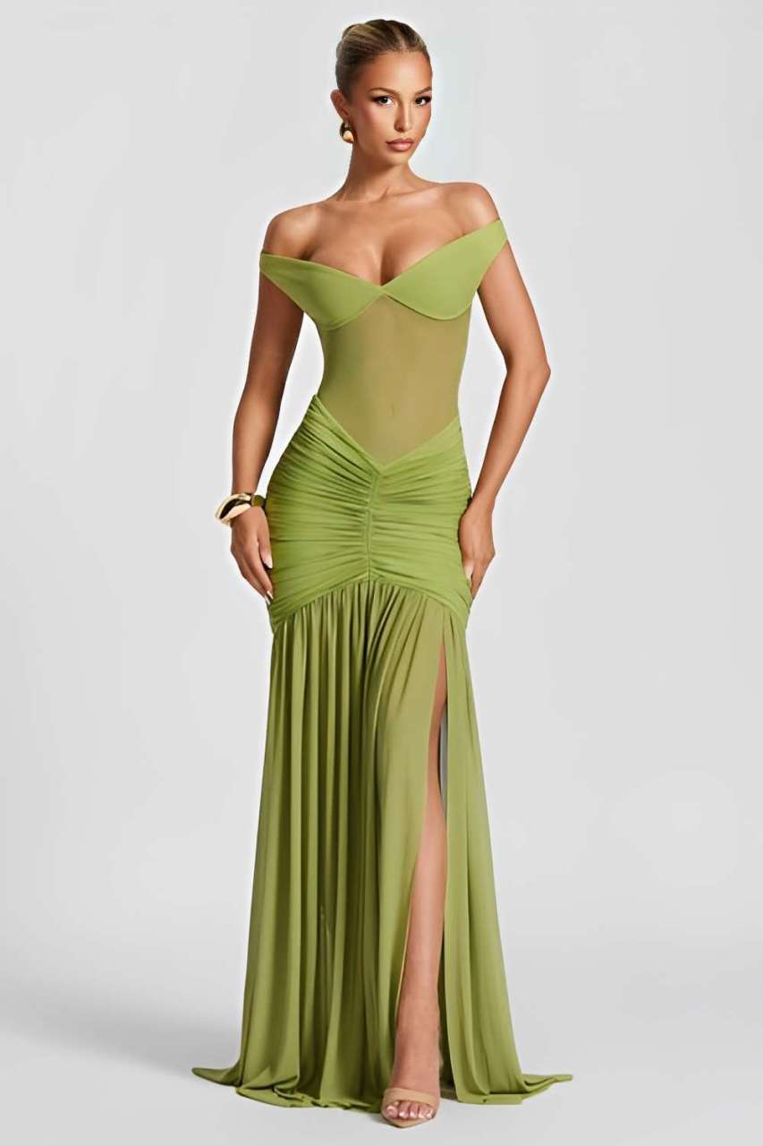 Green Off-Shoulder Mesh Ruched Maxi Dress with High Slit – Peach Motel