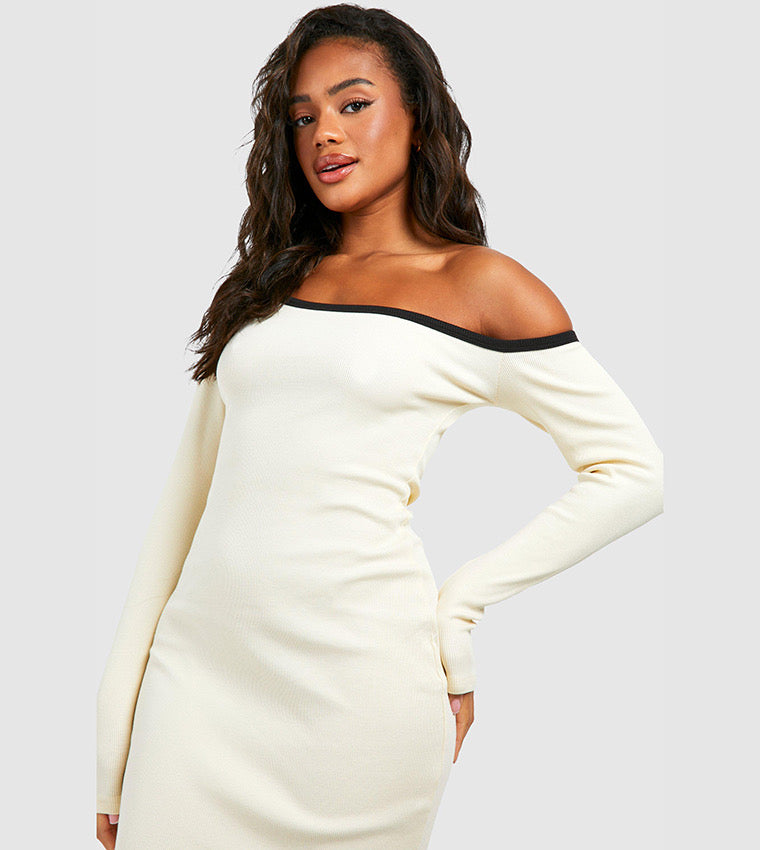 Peach Motel Contrast Trim Long Sleeve Bodycon Mini Dress – White with Black Edging