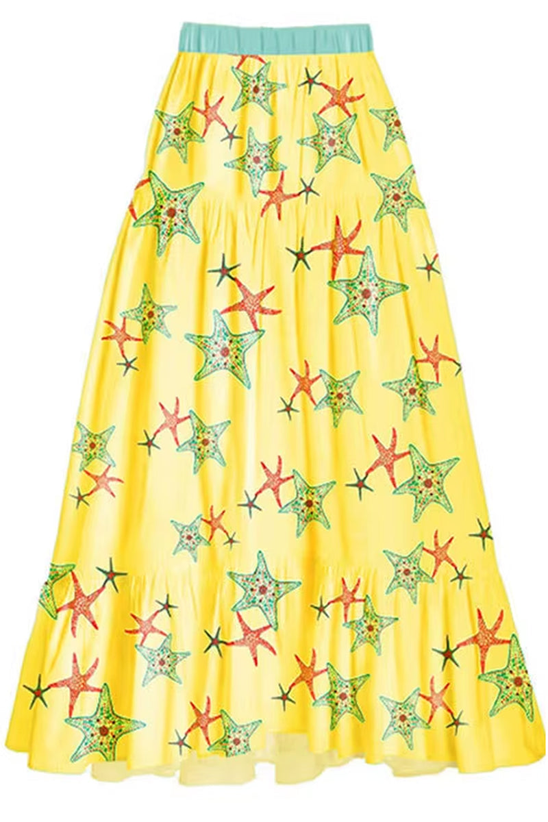 Ocean Bloom One-Piece Swimsuit & Starfish Maxi Skirt Set – Vibrant Coastal Resortwear by Peach Motel