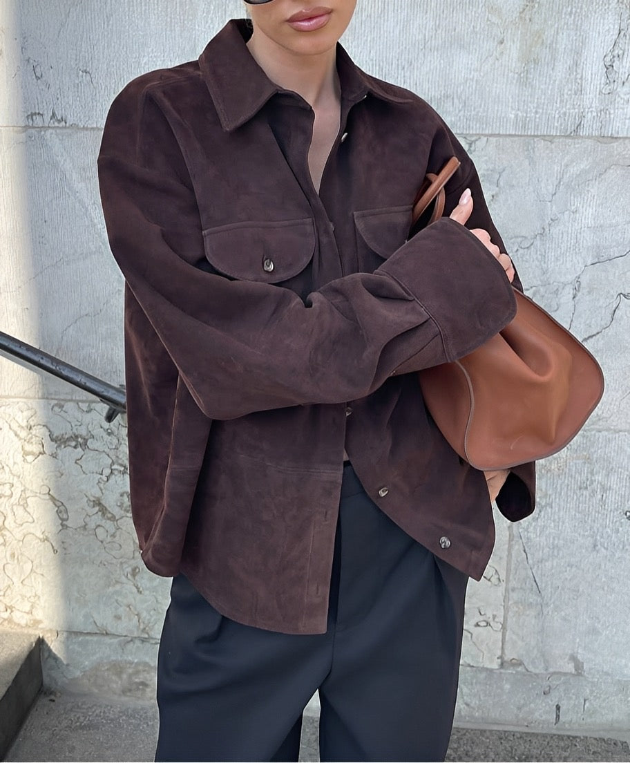 Brown Suede Overshirt Jacket – Luxe Button-Down Shacket for Effortless Layering