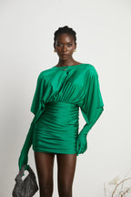 Emerald Elegance Draped Mini Dress with Built-In Gloves – Luxe Statement Partywear
