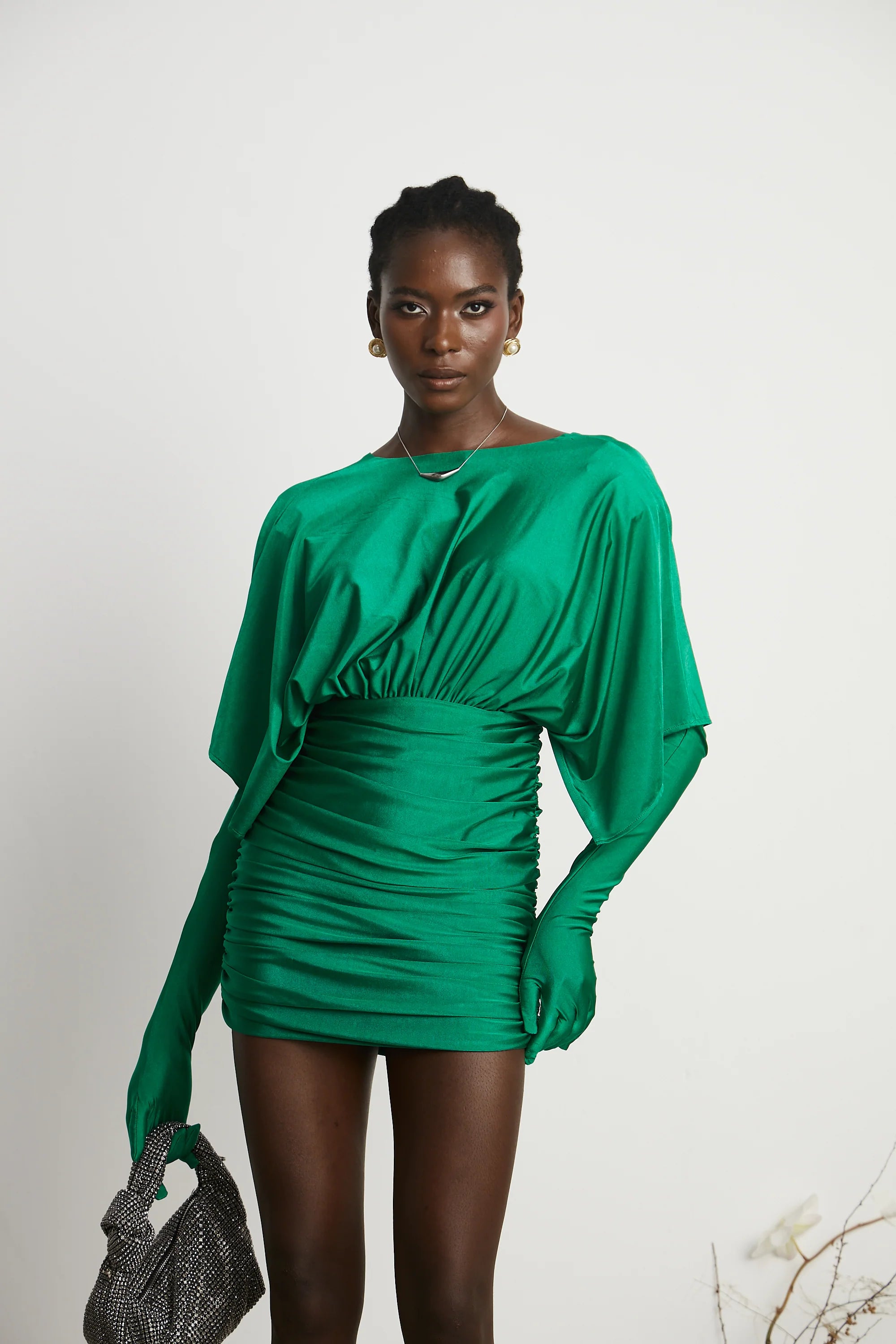 Emerald Elegance Draped Mini Dress with Built-In Gloves – Luxe Statement Partywear
