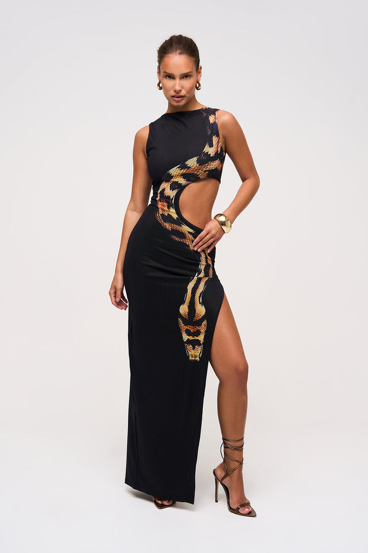 Black Snake Print Cutout Maxi Dress – Bold & Sexy Evening Wear